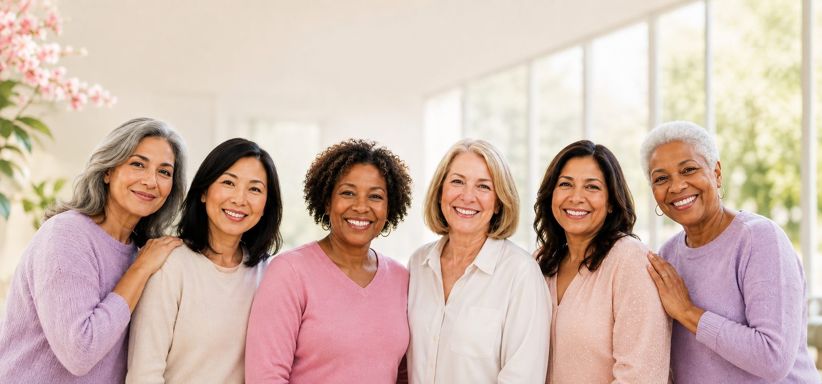 A diverse group of women smiling together in a warm, welcoming setting.